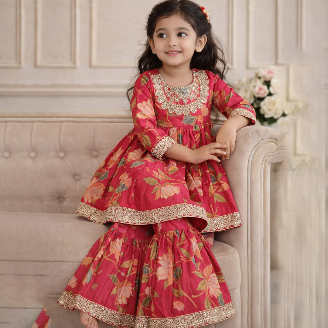 Floral Printed Muslin Cotton Sharara Set for Girls