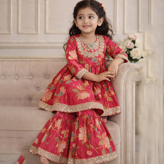 Floral Printed Muslin Cotton Sharara Set for Girls
