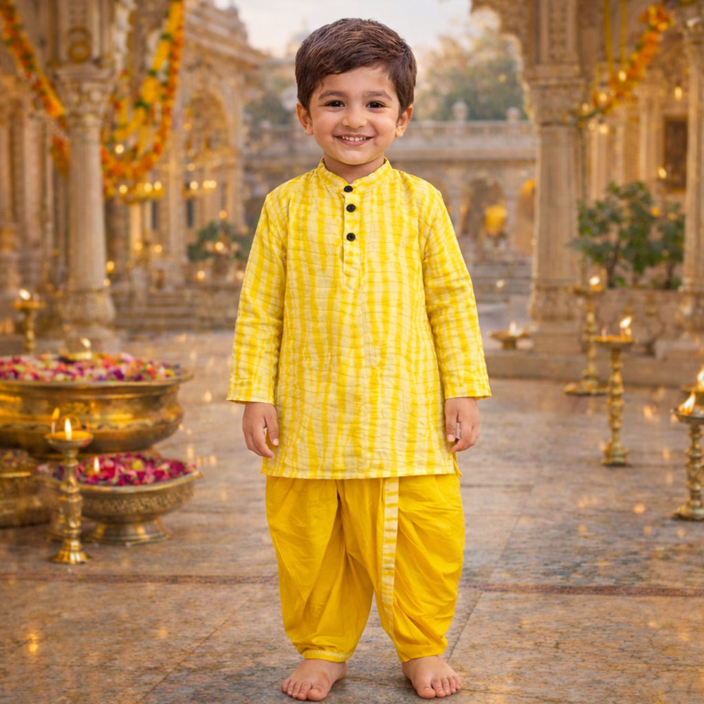 Yellow Tie Dye Kurta with Dhoti Set for Boys – Cotton Ethnic Wear