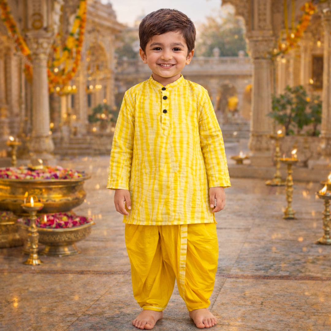 Yellow Tie Dye Kurta with Dhoti Set for Boys – Cotton Ethnic Wear