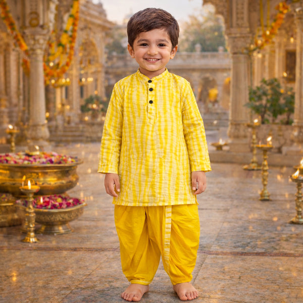 Yellow Tie Dye Kurta with Dhoti Set for Boys – Cotton Ethnic Wear