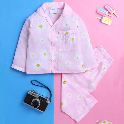 Pink Smiley Flower Theme Full Sleeve Night Suit