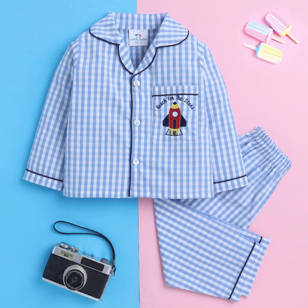 Unisex Night Suit with Rocket Embroidery On Pocket