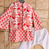 Light Red Motif Kurta with Bundi & White Pyjamas for Boys