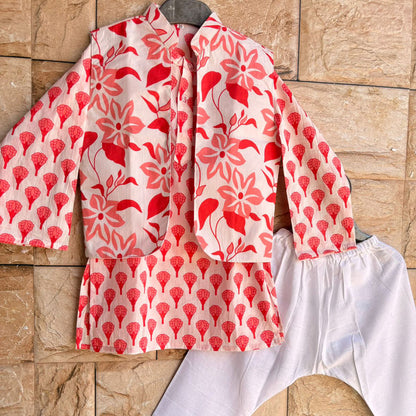 Light Red Motif Kurta with Bundi & White Pyjamas for Boys