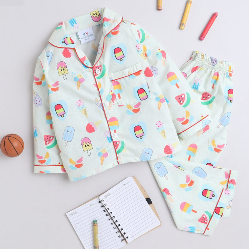 Beige Ice-creams Theme Full Sleeve Night Suit