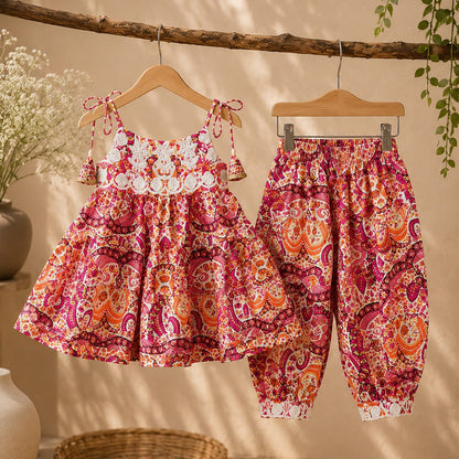 Fusion Printed Cotton Kurta with Afghani Pants for Girls