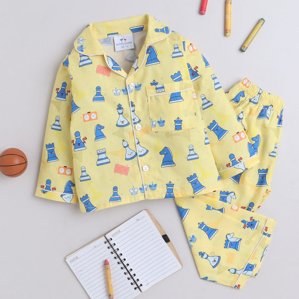Yellow Chess Theme Full sleeve Night Suit