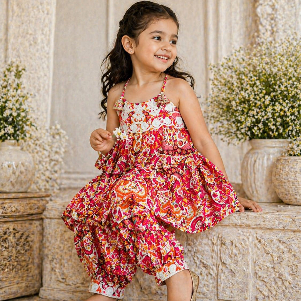 Fusion Printed Cotton Kurta with Afghani Pants for Girls