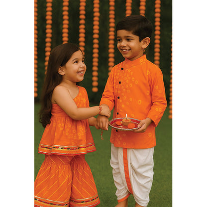 Orange Bandhani Cotton Kurta with Side Button & Dhoti Pants for Boys