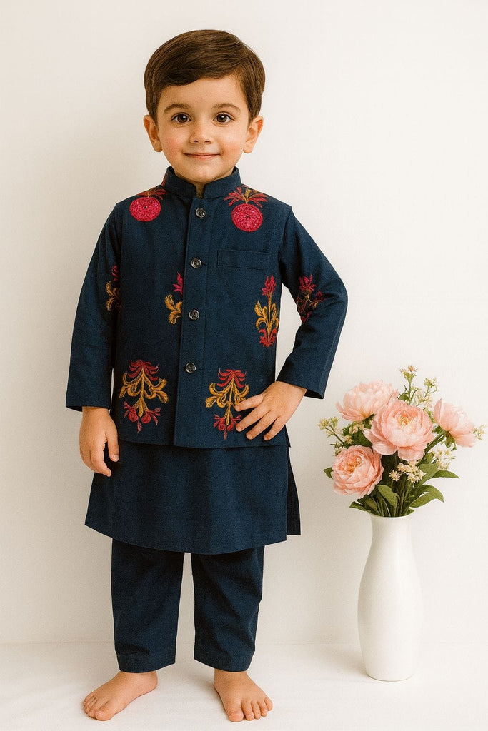 Dark Blue Cotton Bundi Set with Intricate Print and Matching Pyjamas for Boys