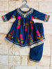 Dark Blue Cotton Flared Kurta with Lace Detailing and Floral Print, Paired with Pants for Girls