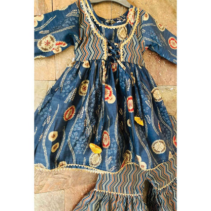 English Blue Cotton Kurta with Attached Yoke Jacket and Sharara for Girls