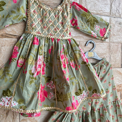 Green Floral Sharara with Gota Detailing On Yoke