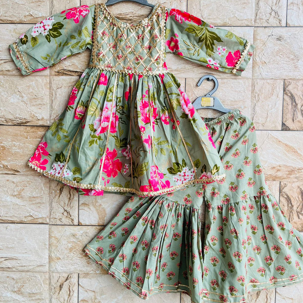 Green Floral Sharara With Gota Detailing On Yoke