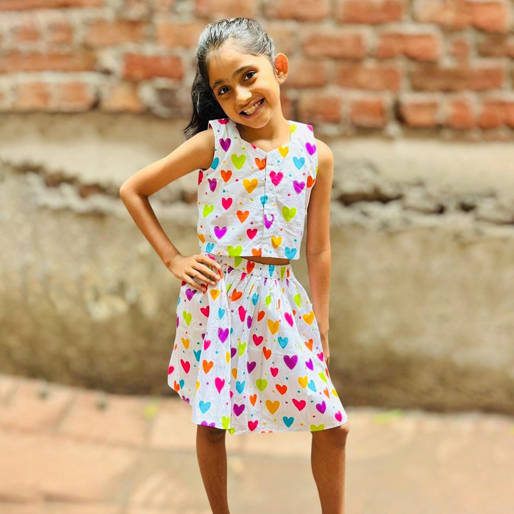 Hearts Co-ord Set with Skirt in Cotton Fabric