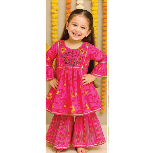 Light Pink Cotton Sharara Set with Thread Embroidered Yoke for Girls
