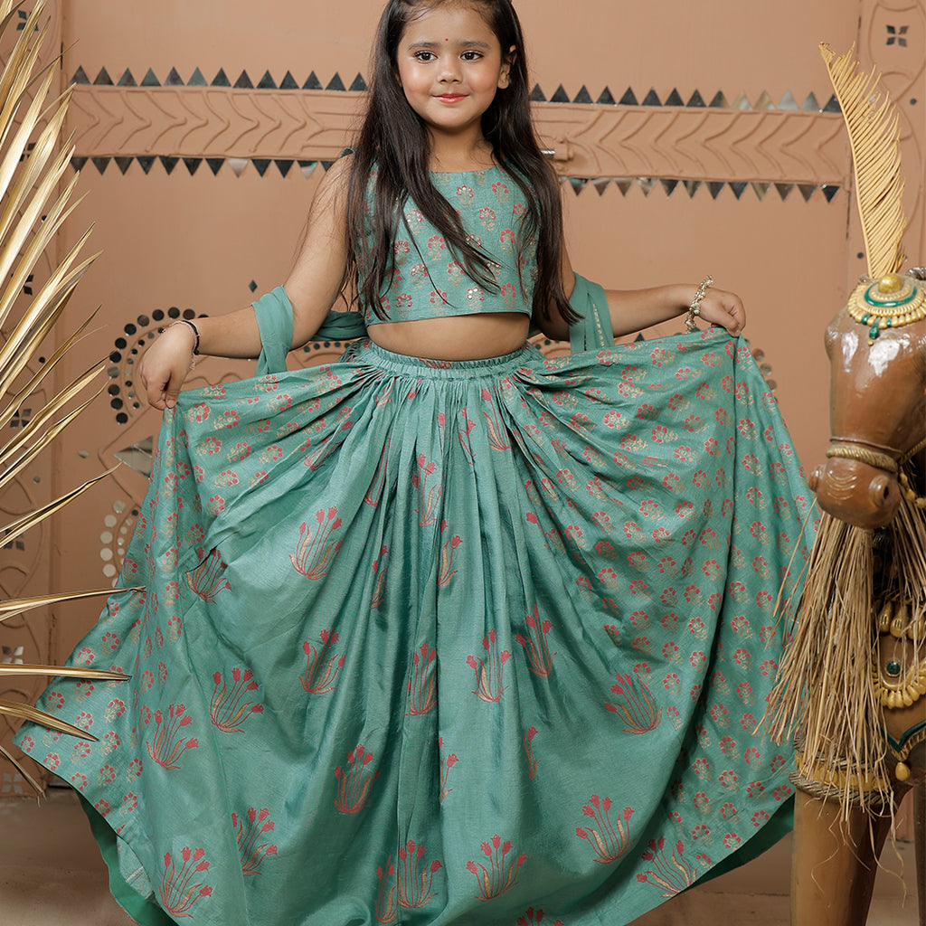 Teal Green Block Printed Lehenga Set with Dupatta for Girls