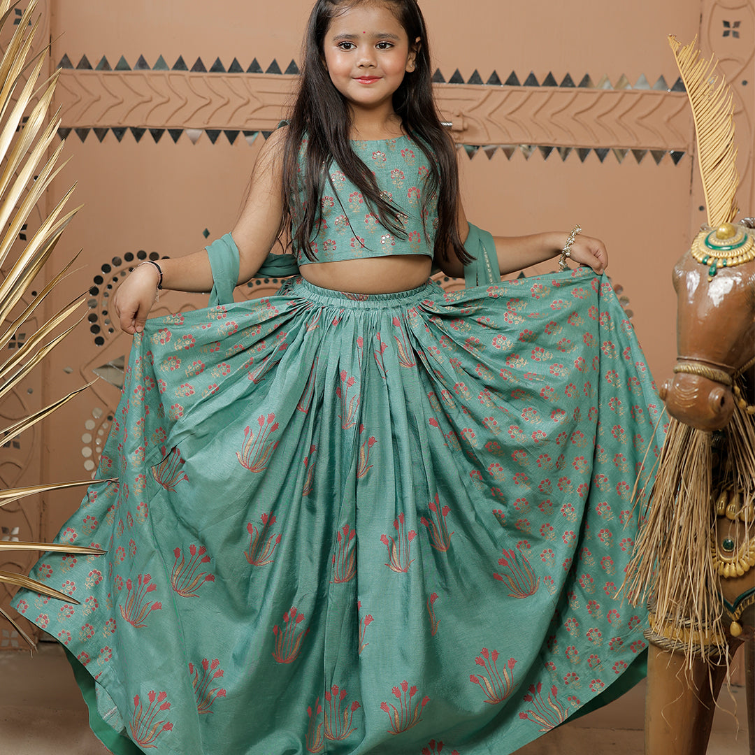 Teal Green Block Printed Lehenga Set with Dupatta for Girls