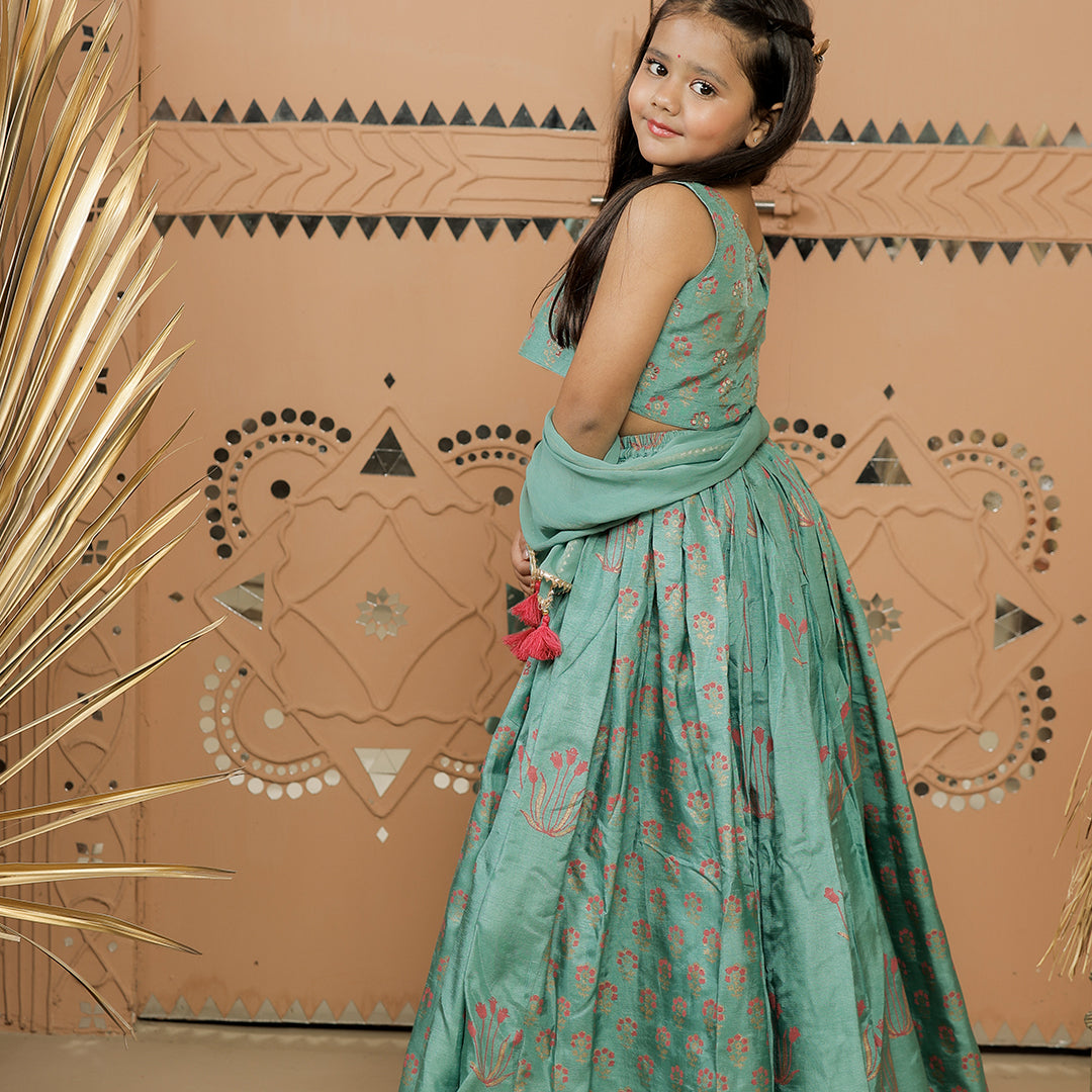 Teal Green Block Printed Lehenga Set with Dupatta for Girls