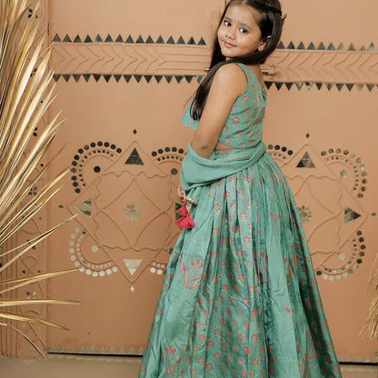 Teal Green Block Printed Lehenga Set with Dupatta for Girls