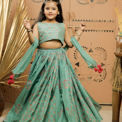 Teal Green Block Printed Lehenga Set with Dupatta for Girls