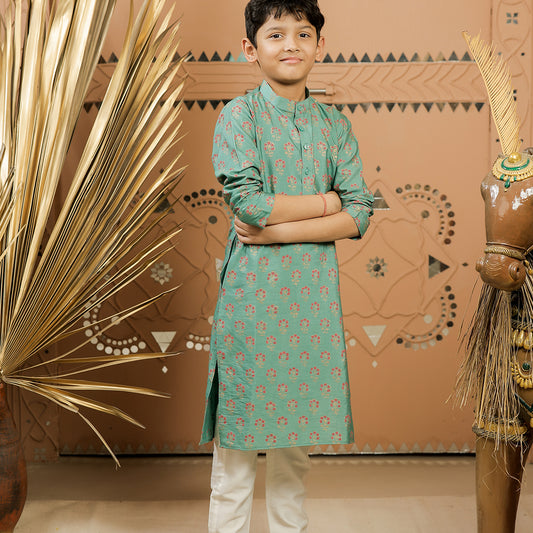 Teal Green Block Printed Kurta Pajama Set for Boys