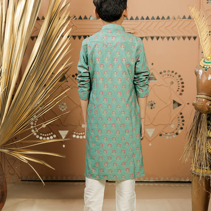 Teal Green Block Printed Kurta Pajama Set for Boys