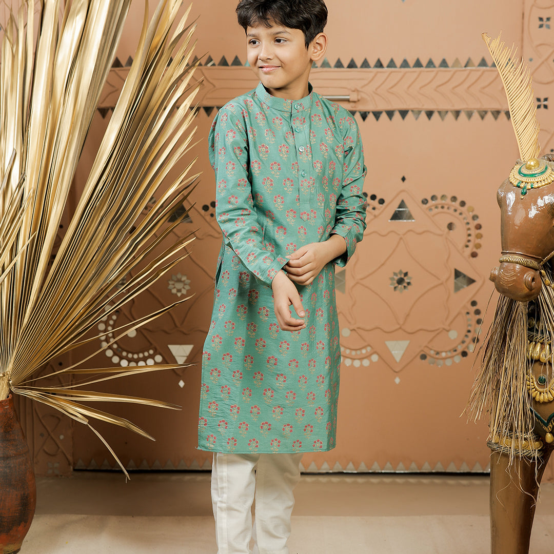 Teal Green Block Printed Kurta Pajama Set for Boys