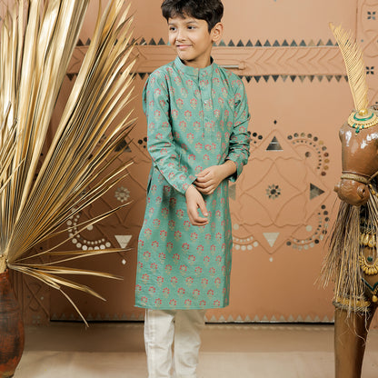 Teal Green Block Printed Kurta Pajama Set for Boys