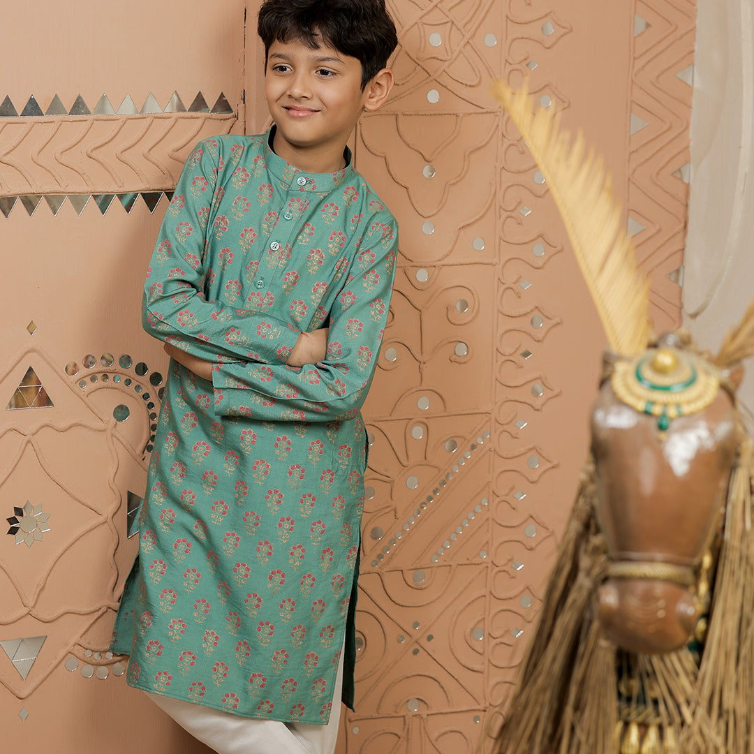 Teal Green Block Printed Kurta Pajama Set for Boys