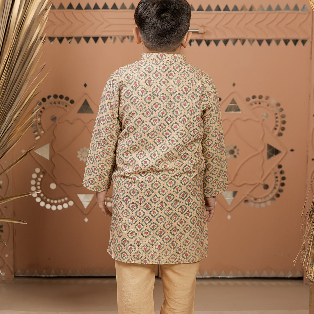 Beige Printed Cotton Silk Kurta Set for Boys