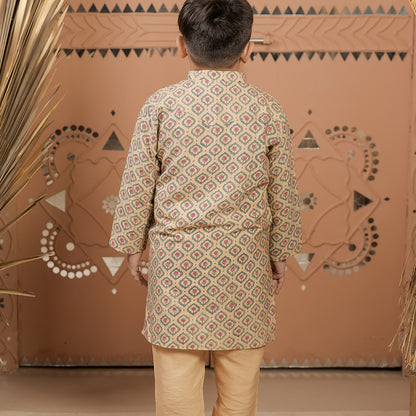 Beige Printed Cotton Silk Kurta Set for Boys
