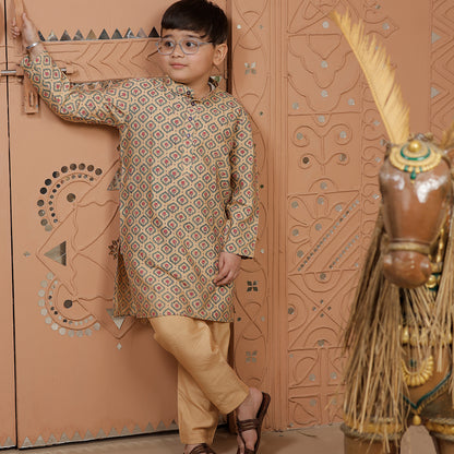 Beige Printed Cotton Silk Kurta Set for Boys