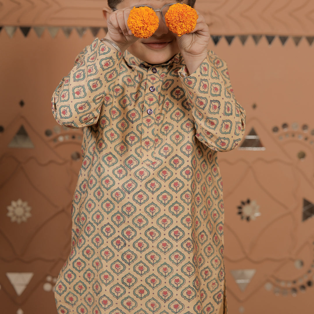 Beige Printed Cotton Silk Kurta Set for Boys