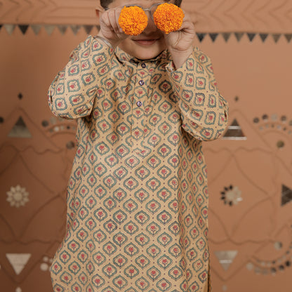 Beige Printed Cotton Silk Kurta Set for Boys