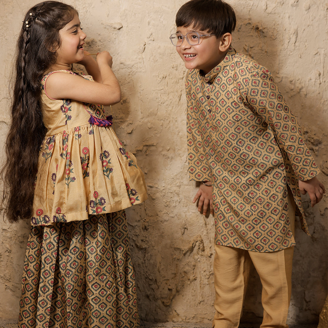 Beige Hand Block Printed Peplum Kurta Sharara Set for Girls