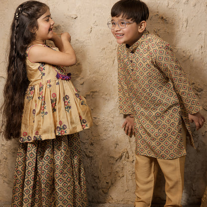 Beige Hand Block Printed Peplum Kurta Sharara Set for Girls