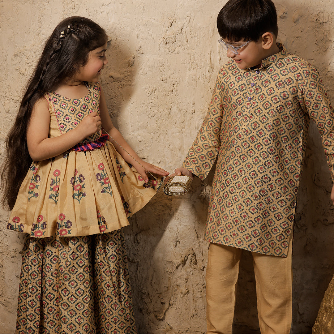 Beige Hand Block Printed Peplum Kurta Sharara Set for Girls
