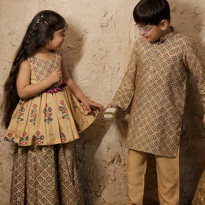 Beige Hand Block Printed Peplum Kurta Sharara Set for Girls