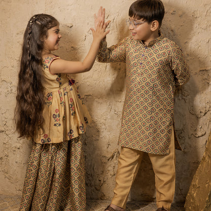 Beige Printed Cotton Silk Kurta Set for Boys