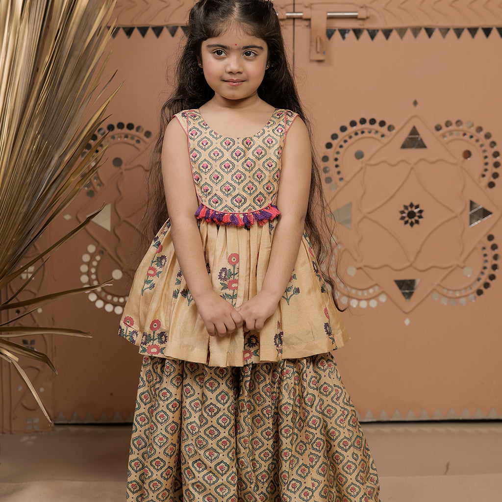 Beige Hand Block Printed Peplum Kurta Sharara Set for Girls