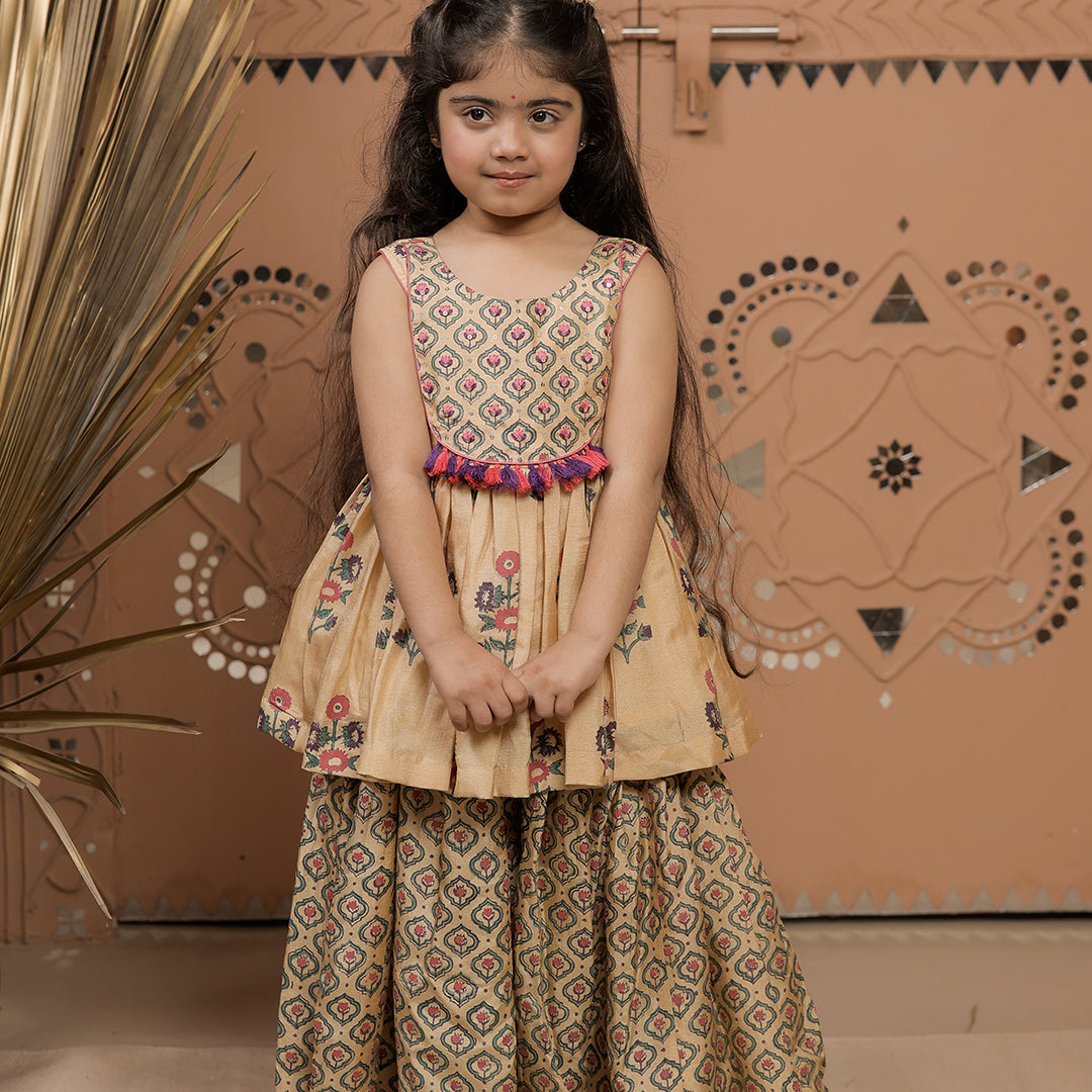 Beige Hand Block Printed Peplum Kurta Sharara Set for Girls