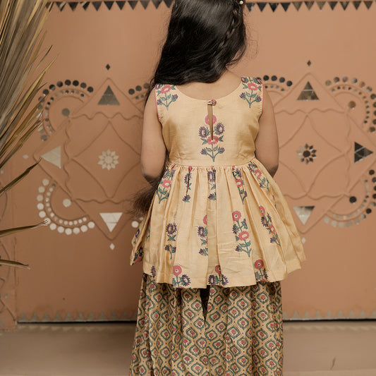 Beige Hand Block Printed Peplum Kurta Sharara Set for Girls