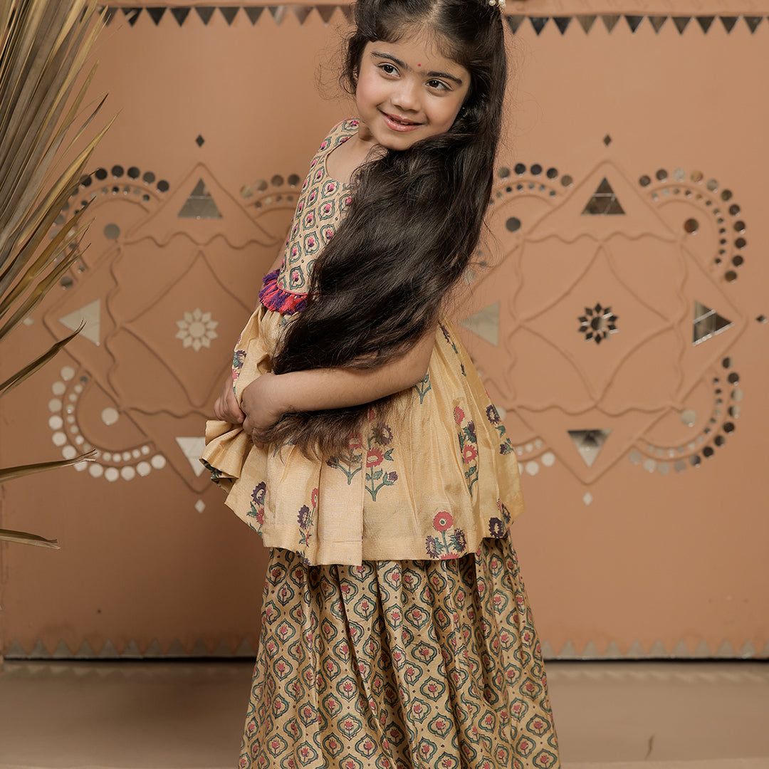 Beige Hand Block Printed Peplum Kurta Sharara Set for Girls