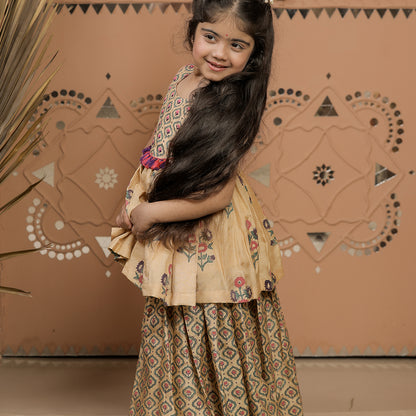 Beige Hand Block Printed Peplum Kurta Sharara Set for Girls
