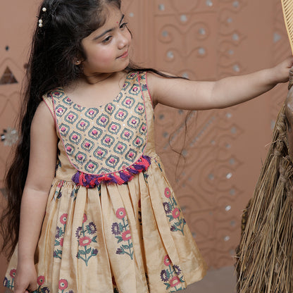 Beige Hand Block Printed Peplum Kurta Sharara Set for Girls