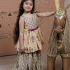 Beige Hand Block Printed Peplum Kurta Sharara Set for Girls
