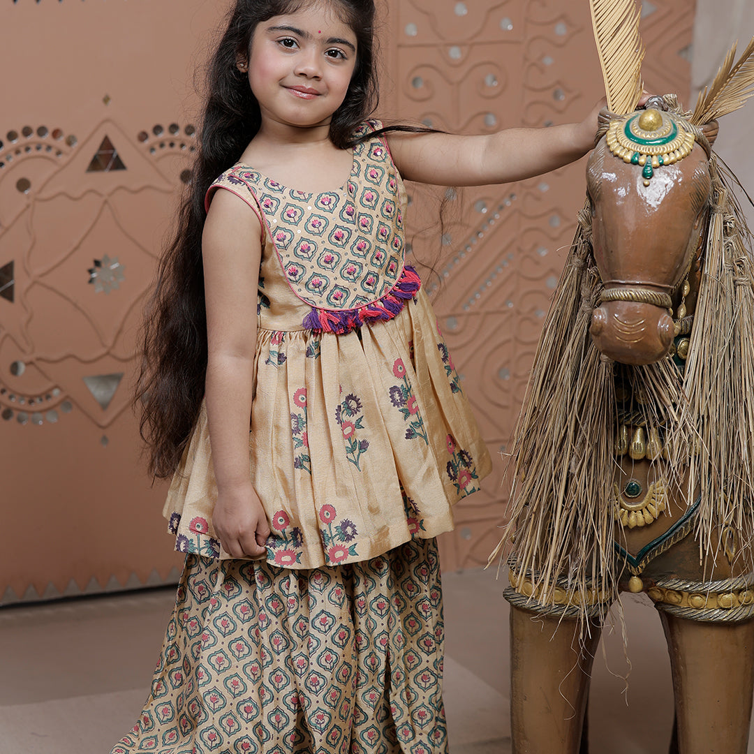 Beige Hand Block Printed Peplum Kurta Sharara Set for Girls
