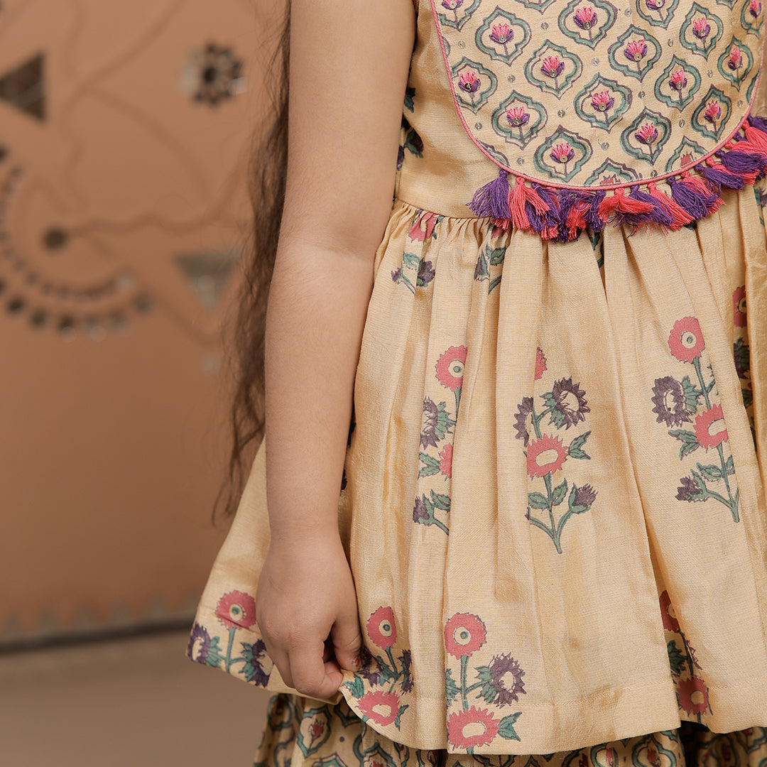 Beige Hand Block Printed Peplum Kurta Sharara Set for Girls